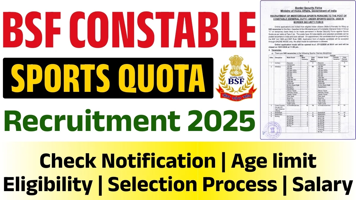 BSF Constable Sports Quota Recruitment 2025: बॉर्डर सिक्योरिटी फोर्स में स्पोर्ट्स कोटा कांस्टेबल GD के 549 पदों पर भर्ती का विज्ञापन जारी
